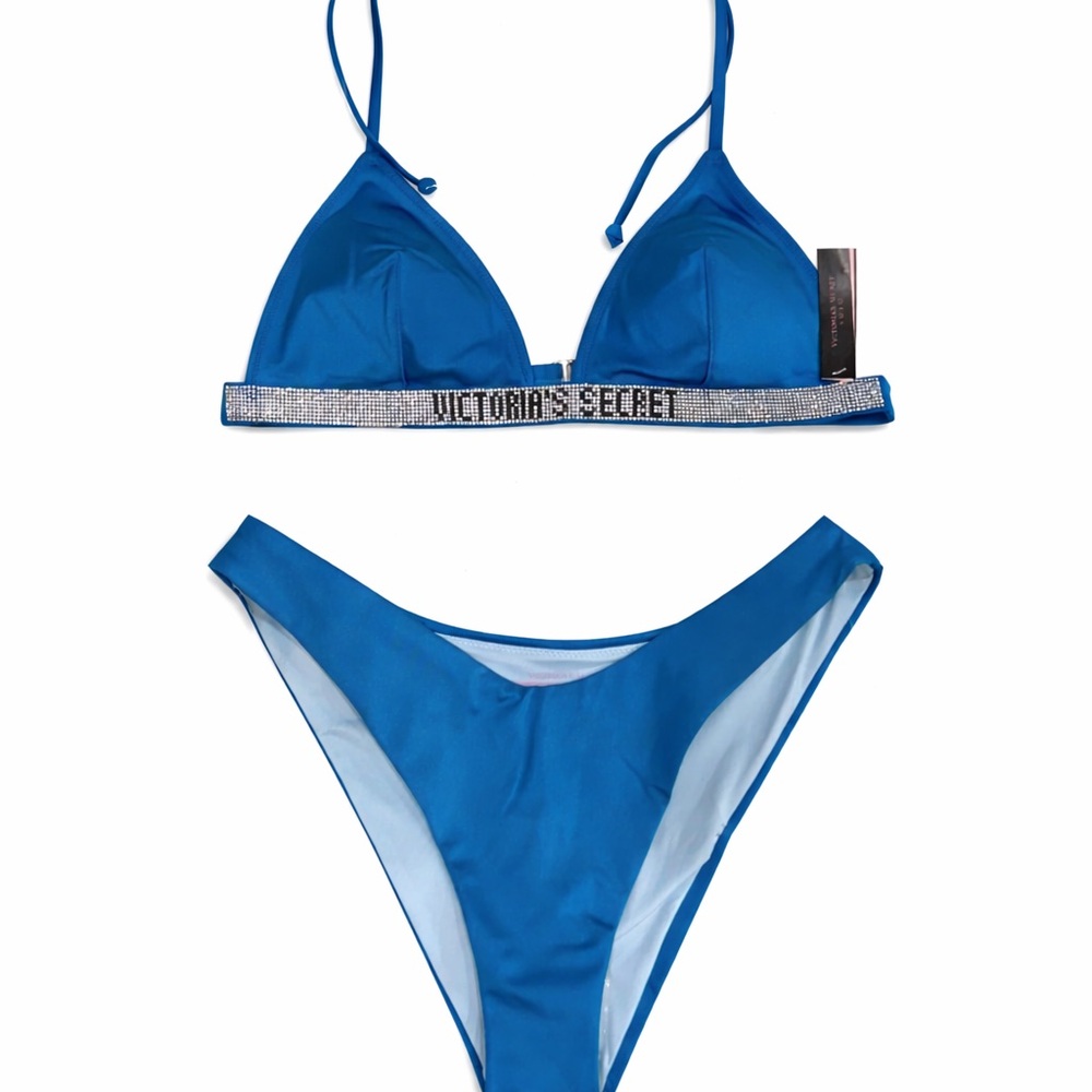 Victoria’s Secret Blue Rhinestone Logo Bikini Set | Triangle Top & Bottoms NWT